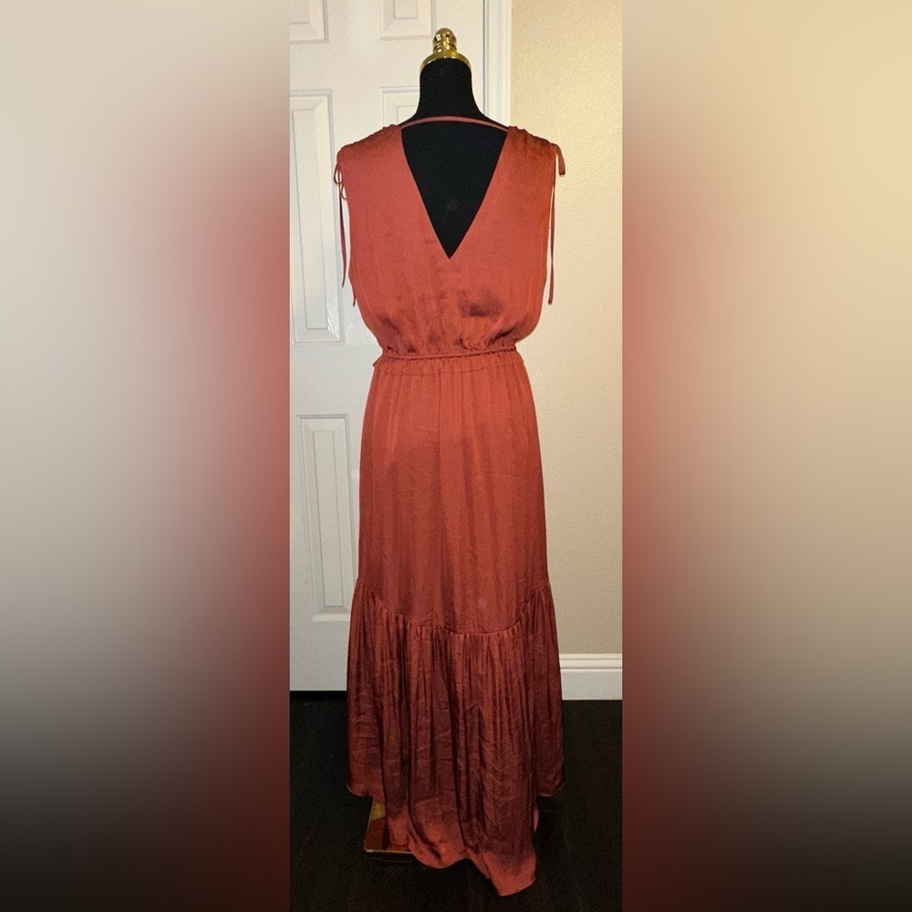 Banana Republic Satin Ruched Maxi Dress Copper Clay Size 12 NWT High-Low Hem - Picture 4 of 8